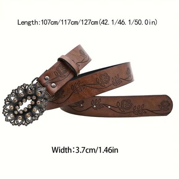 Brown Floral Embossed Vegan Leather Belt with Ornate Buckle Rodeo Style - Picture 7 of 8